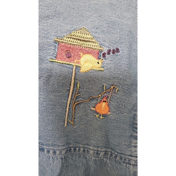 VINTAGE 90S CJ BANKS Blue Jean Denim Short Sleeve Bird Button Up Cotton Cottage - Picture 4 of 8